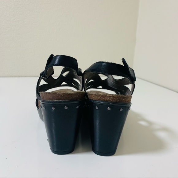 Dansko Felicia Black Leather Open Toe Strappy Hook Loop Studded Wedge - Picture 7 of 9